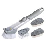 Perie multifunctionala pentru spalat vase, maner lung cu rezervor pentru detergent incorporat si 3 capete de rezerva, 1 perie si 2 bureti, 24 cm