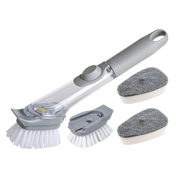 Perie multifunctionala pentru spalat vase, maner lung cu rezervor pentru detergent incorporat si 3 capete de rezerva, 1 perie si 2 bureti, 24 cm