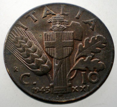 1.909 ITALIA WWII VITTORIO EMANUELE III 10 CENTESIMI 1943 R XF foto