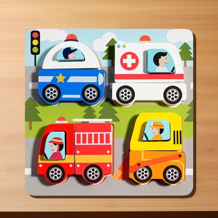 Jucarie Montessori din Lemn, Flippy, Tip Puzzle, Model Masini, Multicolor