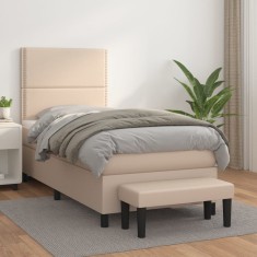 vidaXL Pat box spring cu saltea, cappuccino, 90x200 cm piele ecologică foto