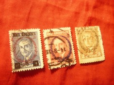 3 Timbre Albania 1927 si 1928 cu supratipar , val 2q are urma fragment