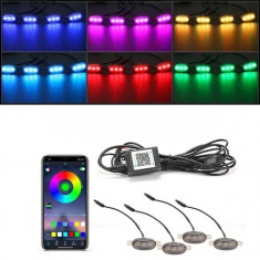 Set 4 lampi cu LED RGB control prin aplicatie telefon. Diverse jocuri de lumini sau lumina continua. Cod: W14552-1-12V Automotive TrustedCars