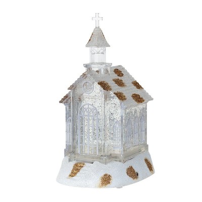 Decoratiune de Craciun, Flippy, Model Bisericuta Transparenta cu Sclipici, Iluminare LED si Efect Zapada, 22 x 13 x 11.5 cm, Alb Transparent foto