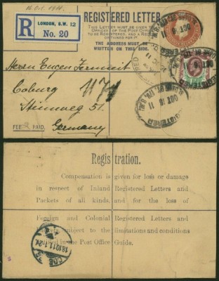 Great Britain 1911 Old Postcard Registered stationery to Coburg Germany DB.437 foto