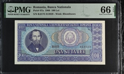 100 lei 1966 PMG66 UNC bancnota gradata foto
