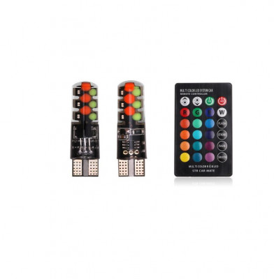 Set 2 x becuri auto colorate pozitie T10, telecomanda, 12V, 6LED foto