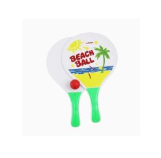 Set 2 palete de tenis pentru plaja cu minge, Lemn, Multicolor