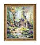 Cumpara ieftin Tablou inramat peisaj pictat manual, La cabana din padure, 70x60cm ulei pe panza, Mircea Iordache