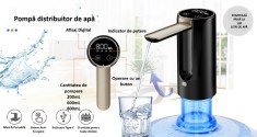 Pompa electrica apa ZYTEQ&reg;️, pliabila, afisaj LED, touch, USB-C, 1200mAh, 200/600/800ml, silentioasa, compatibila 5-19L, indicator baterie, neagra