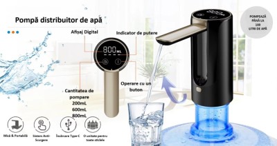 Pompa electrica apa ZYTEQ&amp;reg;️, pliabila, afisaj LED, touch, USB-C, 1200mAh, 200/600/800ml, silentioasa, compatibila 5-19L, indicator baterie, neagra foto