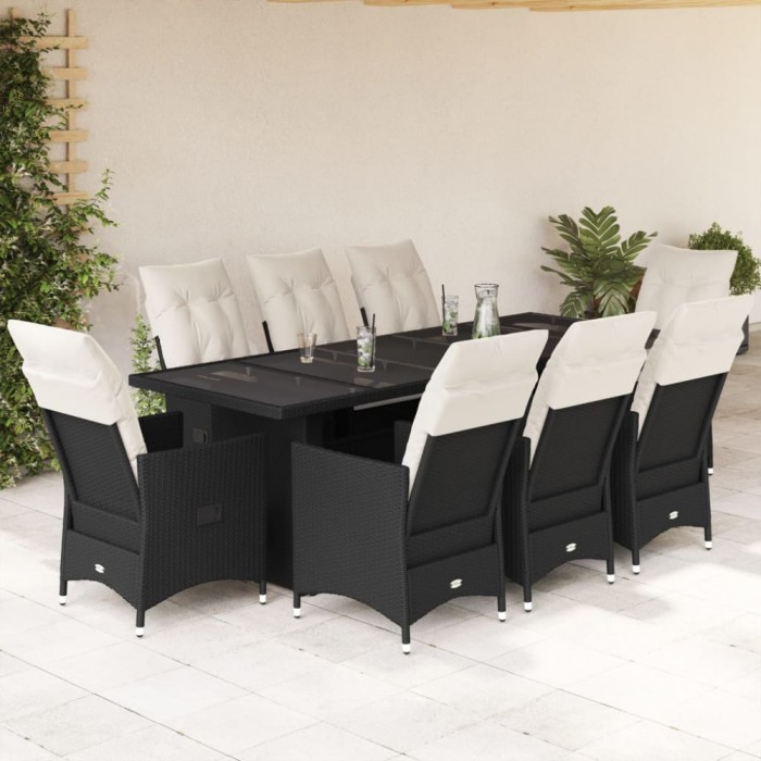Set bistro de grădină, 9 piese, cu perne, negru, poliratan