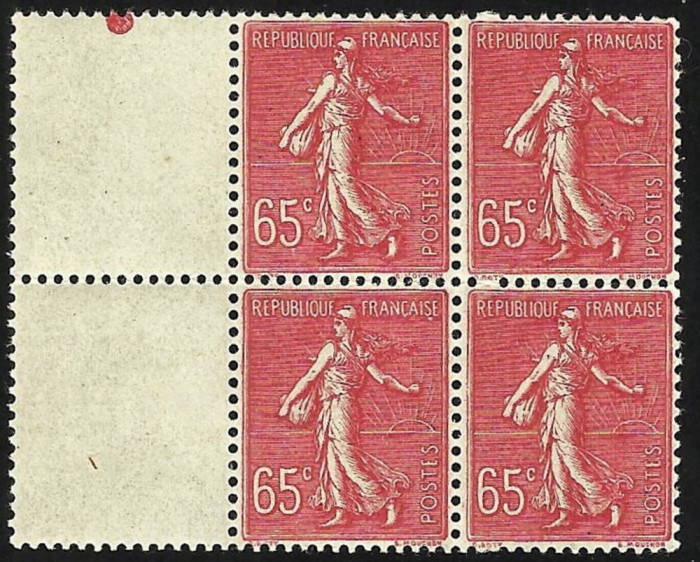 FRANTA - SEMANATOARE 65c IN BLOC DE 4 CU MARGINE MNH 1924