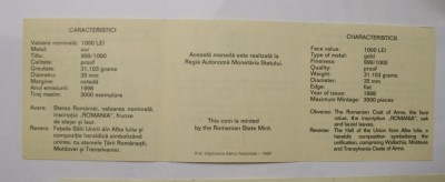 CERTIFICAT PT. MONEDA BNR AUR Aniversarea Marii Uniri de la 1 Decembrie 1918 . #1049 . foto
