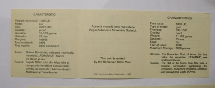 CERTIFICAT PT. MONEDA BNR AUR Aniversarea Marii Uniri de la 1 Decembrie 1918 . #1049 .