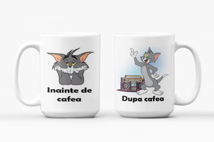 Cana alba personalizata cu 2 modele Inainte/dupa cafea Tom, INOVATIX&reg;. 330ml