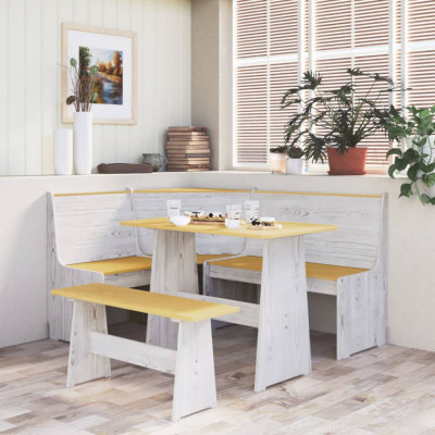 Masa de bucatarie cu banca, maro miere si alb, lemn masiv pin GartenMobel Dekor foto