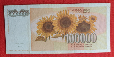 100000 Dinara anul 1993 Bancnota Una 100 Mii dinari - Iugoslavia - Jugoslavije foto