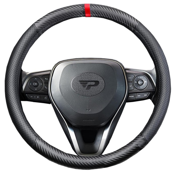 Husa volan Panda, tip fibra carbon, cu insertii piele ecologica perforata, negru cu detaliu rosu, 38 cm Automobile ProTravel