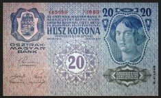 Bancnota 20 COROANE 1913 - Austro-Ungaria , circulată &icirc;n Transilvania, Bucovina, scrie in rom&acirc;nă douezeci coroane