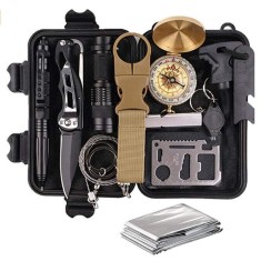 Kit supravietuire multifunctional camping si urgente, trusa compacta cu busola, lanterna, amnar, cutit pliabil si accesorii outdoor