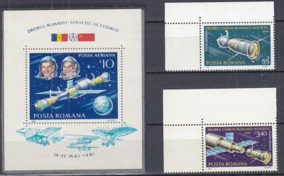 ROMANIA 1981 LP 1031 LP 1032 ZBORUL IN COSMOS ROMANO-SOVIETIC SERIE+COLITA MNH foto
