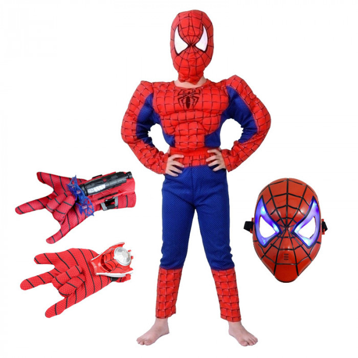 Set costum clasic Spiderman cu muschi IdeallStore&reg;, 3-5 ani, 100-110 cm, manusa ventuze, discuri si masca LED