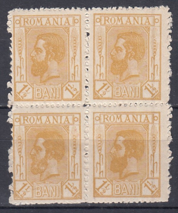 ROMANIA 1911 LP 68 REGELE CAROL I SPIC DE GRAU BLOC DE 4 TIMBRE MNH