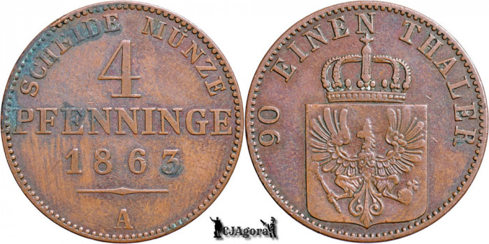 1863 A, 4 Pfenninge - Vilhelm I - Regatul Prusiei | KM 483