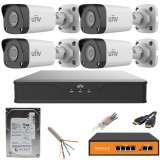 Sistem supraveghere UNV 4 camere IP 5MP IR 30M PoE NVR 4 canale cu accesorii HDD 500GB incluse SafetyGuard Surveillance, Uniview