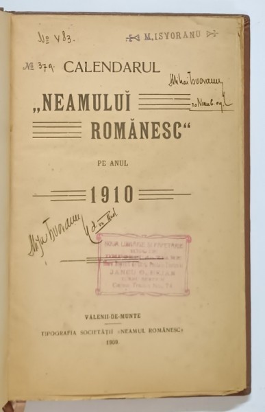 CALENDARUL &amp;quot, NEAMULUI ROMANESC &amp;quot, PE ANUL 1910 , 1909