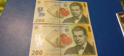 2 Bancnote 200 Lei UNC 2025 Lucian Blaga Serii Consecutive foto