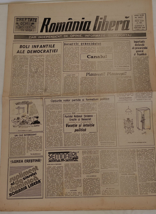 Rom&acirc;nia Liberă (11 februarie 1990) serie nouă nr. 43 * conține Lumea Creștină *