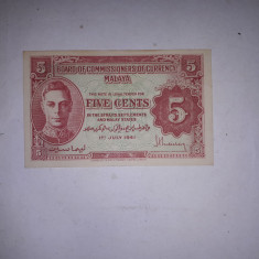 CY 5 cents centi 1941 Malaya / unifata / portret Rege George VI / UNC / RARITATE
