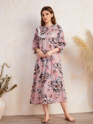 Rochie maxi de noapte cu imprimeu si aplicatii dantela, roz, dama foto