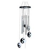 Clopot de vant din lemn cu tuburi din metal ARGINTII si semnul Ying Yang, Model