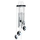 Clopot de vant din lemn cu tuburi din metal ARGINTII si semnul Ying Yang, Model