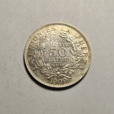 Bolivia 50 Centavos 1909 UNC Piesa de Colectie