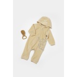 Salopeta Elefant cu maneca lunga si gluga din 80%bumbac organic si 20% poliester - Stone, BabyCosy (Marime: 12-18 Luni)