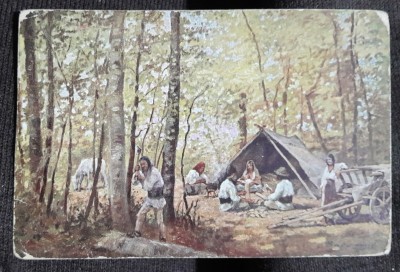 Carte postala, reproducere dupa pictura Tigani lingurari in padure a pictorului L. Basarab foto