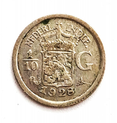 moneda argint Indiile Olandeze de est ( Indonesia 0 1/10 gulden 1928 _ km # 311 foto