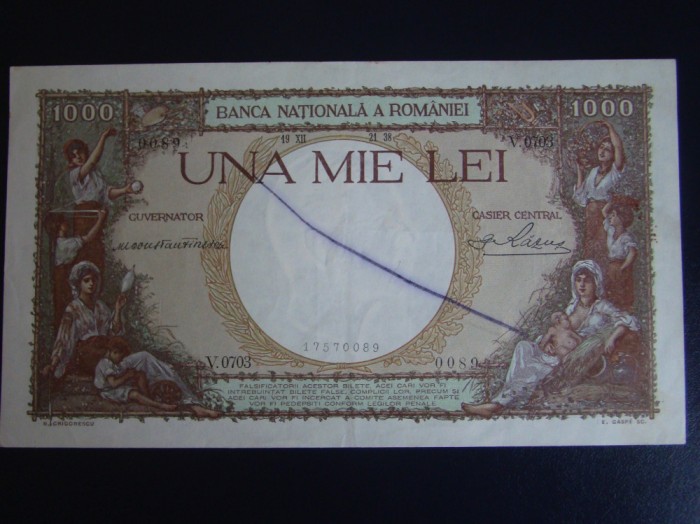 Bancnota 1000 lei 1938 ROMANIA aUNC - Anulata de Legionari