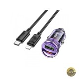 Incarcator Auto Cu Cablu Lightning HOCO Z53A 30W 3A 1 x USB-A - 1 x USB-C Mov