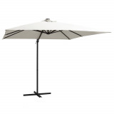 Umbrelă suspendată cu LED, st&acirc;lp din oțel, nisipiu, 250x250 cm, vidaXL