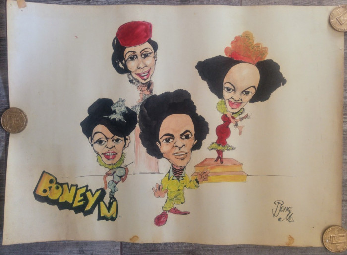 Caricatura Boney M, trupa pop// acuarela pe hartie, fan art