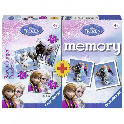 PUZZLE + JOC MEMORY FROZEN 3 BUC IN CUTIE 25 36 49 PIESE foto