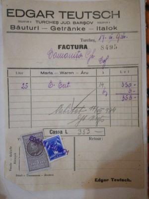 Factura Edgar Teutsch 1934 Turches Brasov, Bauturi Getranke Italoc Comanita Gh foto