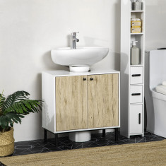 kleankin Dulap de baie modern pentru chiuveta de baie, dulap de depozitare liber cu raft, usi duble, stejar antic, alb