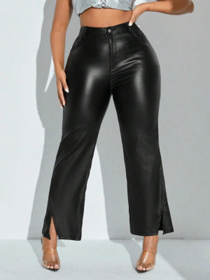 Pantaloni cu talie inalta si slit, model piele, negru, dama foto