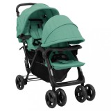 Cărucior Gemeni Tandem vidaXL Verde, Oțel, Pliabil, Copii, Plimbare, Cumpărături, Baldachin Reglabil, Coș Depozitare